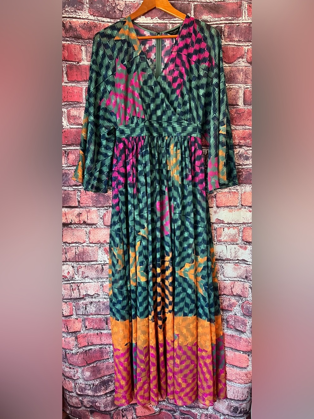 NWT Ted Baker Santina Printed Star Geometric Maxi Dress Olive Pink Size 1 US 4